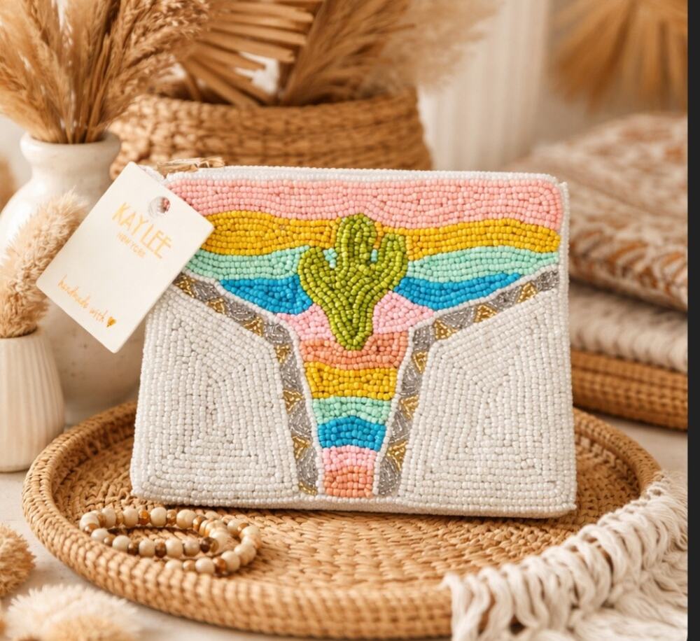 Kay Lee White Catcus Boho Beaded Coin Purse New